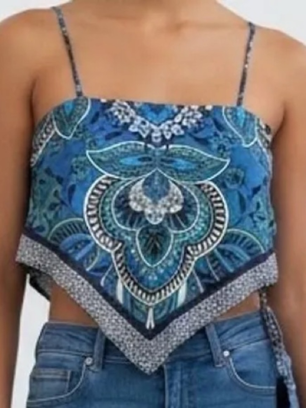 Blue Printed Handkerchief-Hem Crop Cami